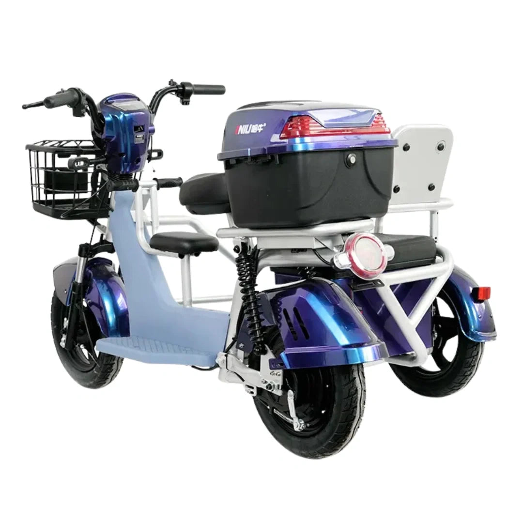 Blue and purple electric scooter with a large black storage box on a white background