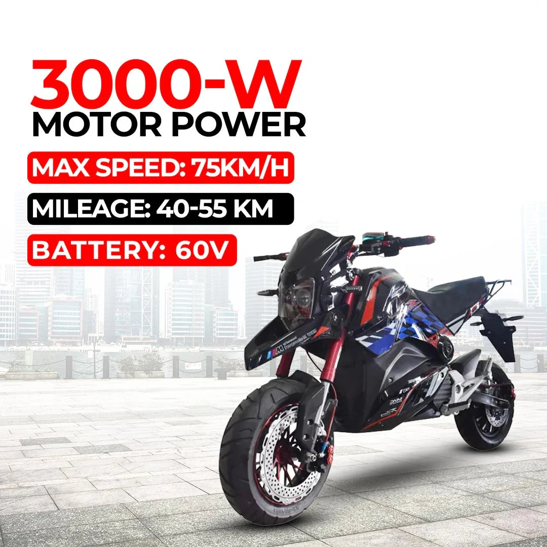 Electric motorcycle with specifications on a cityscape background