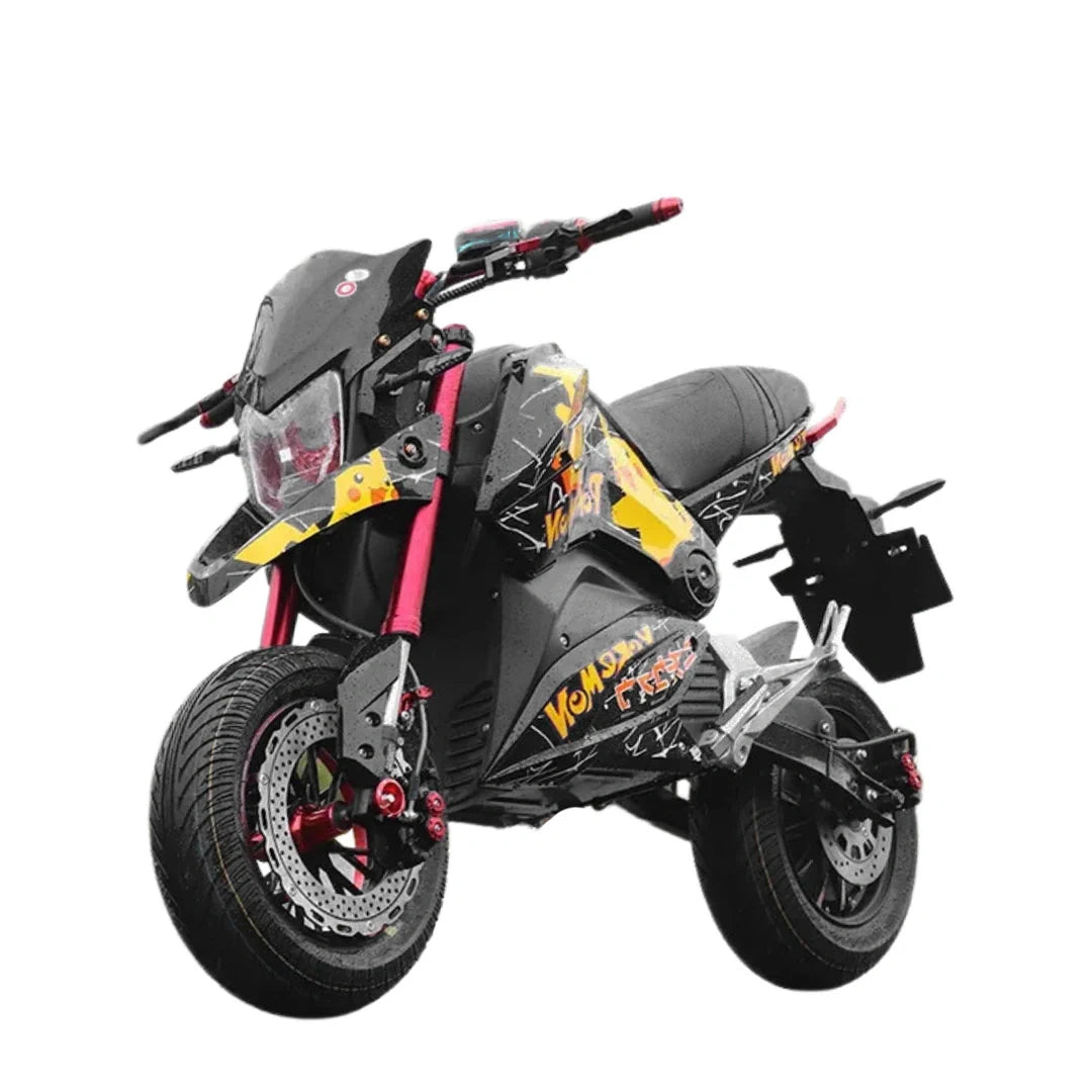 Black motorcycle with colorful design on a white background