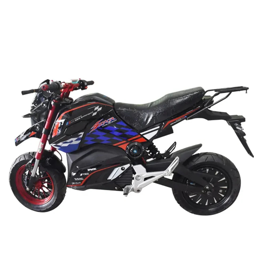 Black motorcycle with colorful design on a white background