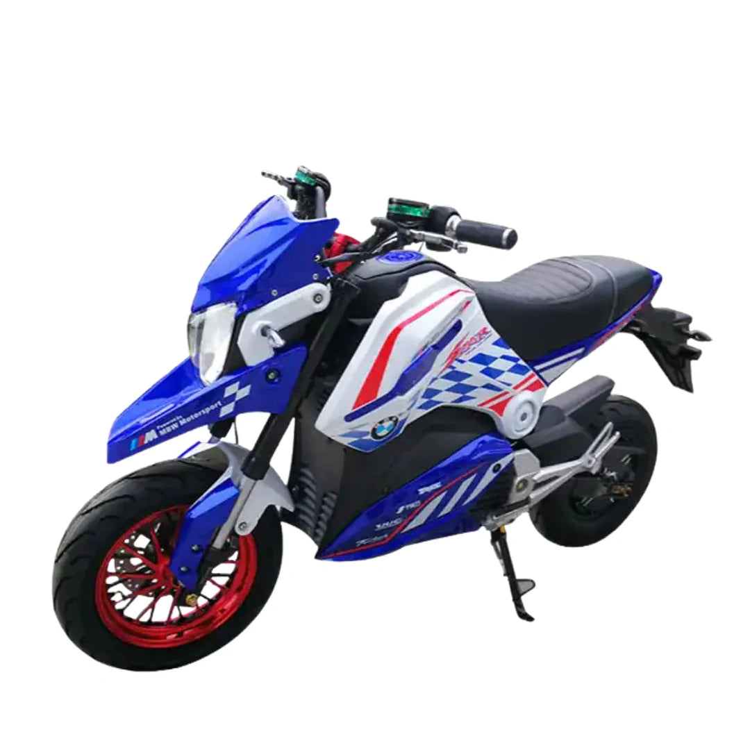 Blue and black motorcycle with red accents on a white background