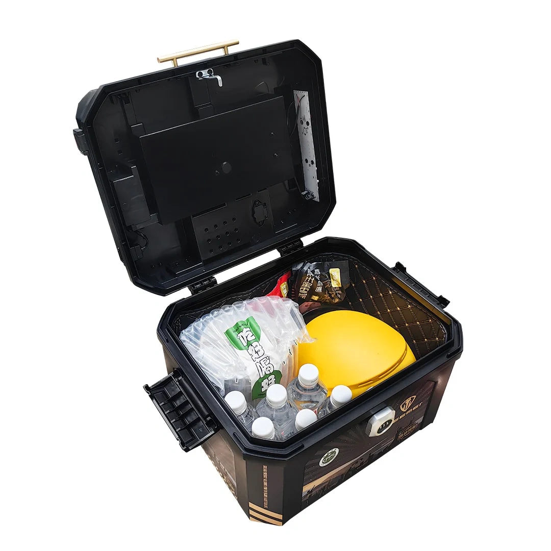 Open black cooler with food items on a white background