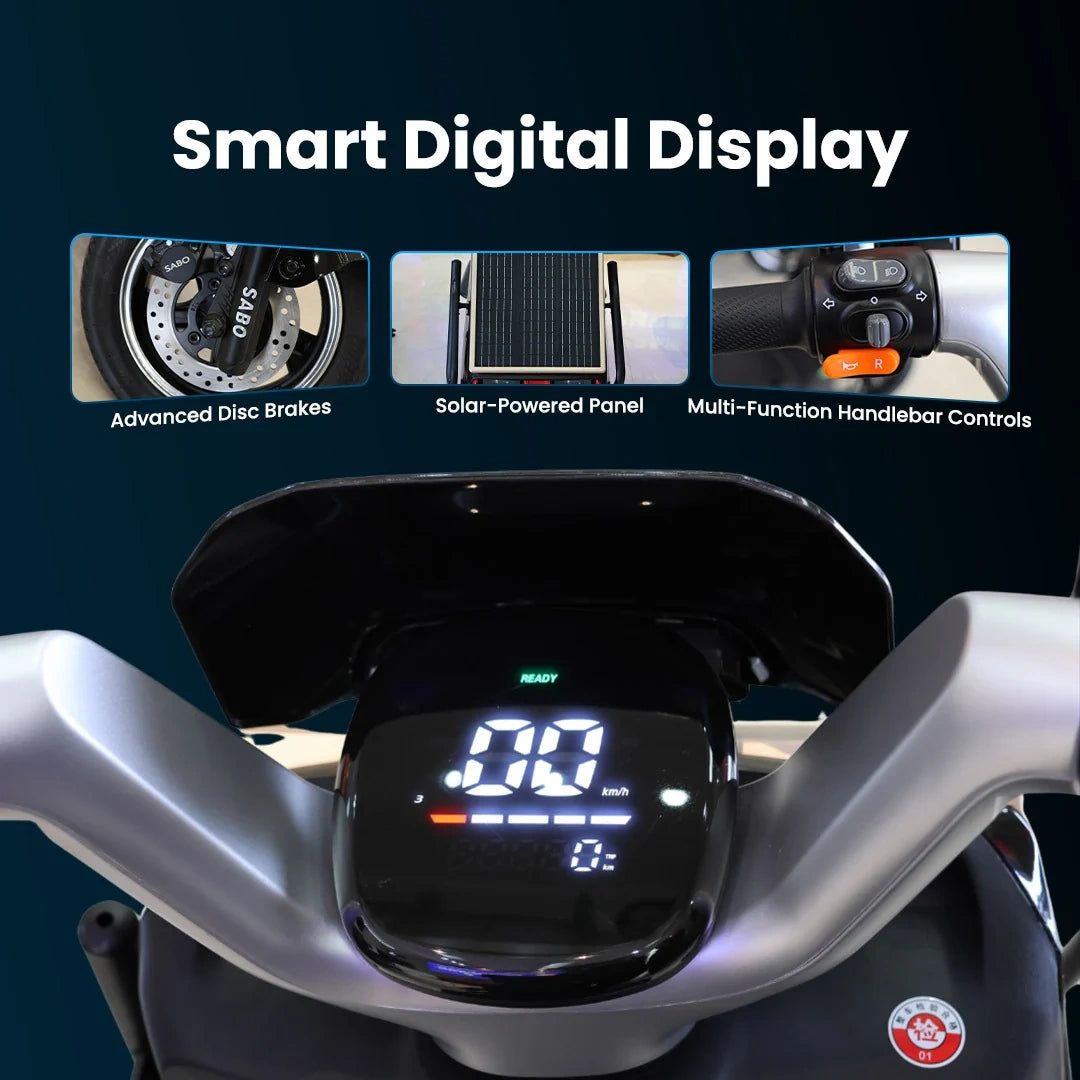 Smart digital display on a motorcycle with features highlighted.
