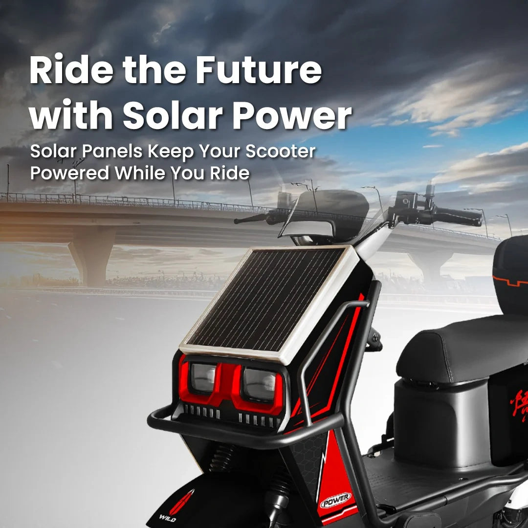 Scooter with solar panel on a blurred background with text about solar power.