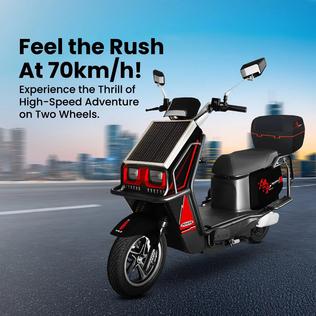 Scooter on a road with a cityscape background and text about high-speed adventure.
