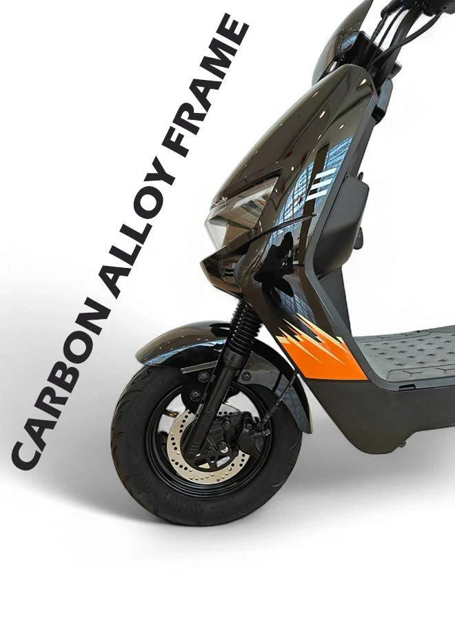 Electric scooter with 'Carbon Alloy Frame' text on a white background