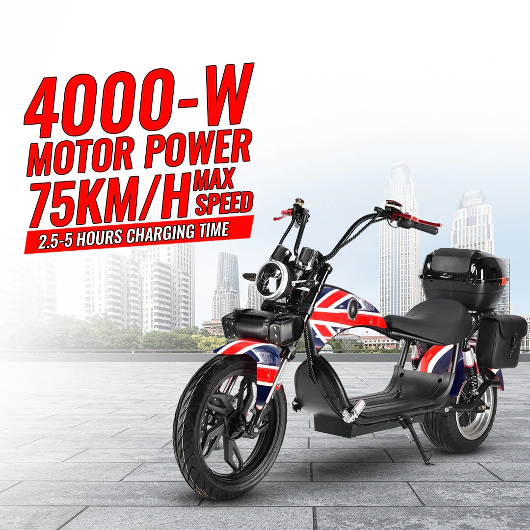 Electric scooter with British flag design on a cityscape background, featuring power and speed specifications.