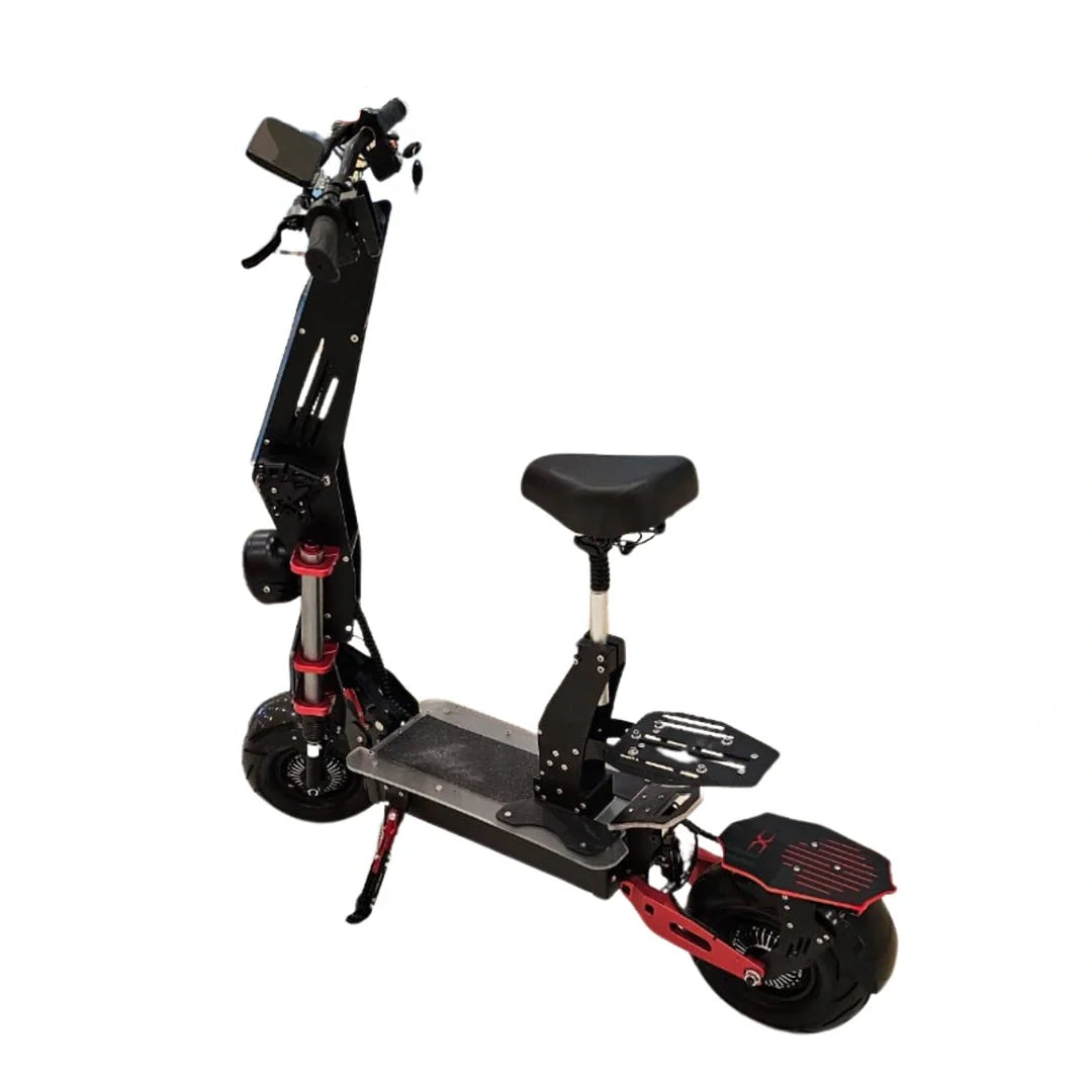 Black and red electric scooter with a seat on a white background