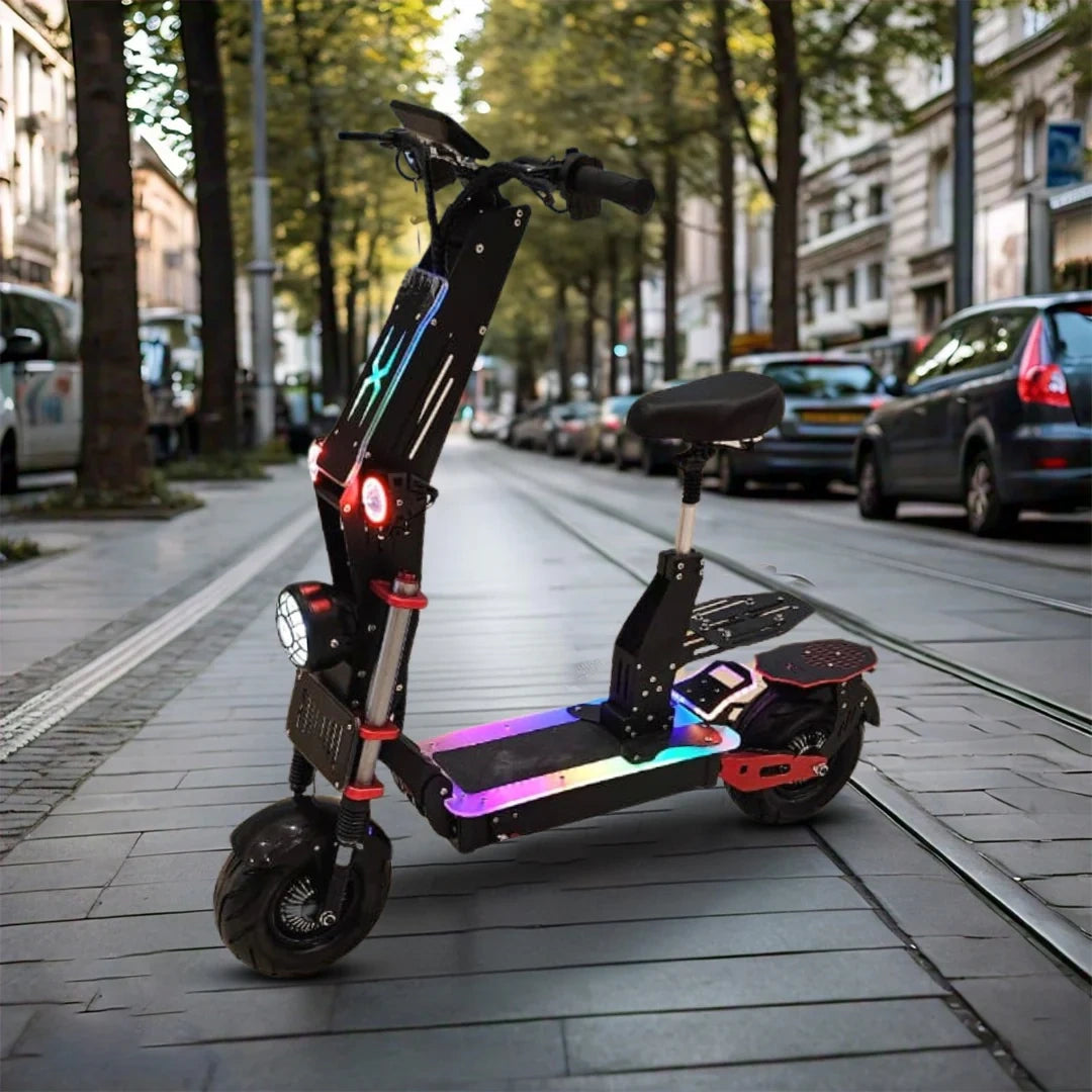 Electric scooter with colorful LED lights on a city street