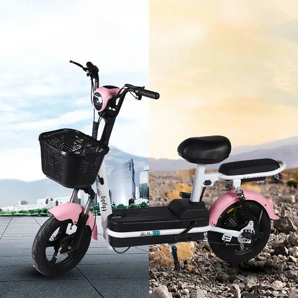 Electric bike with pink accents on a cityscape background