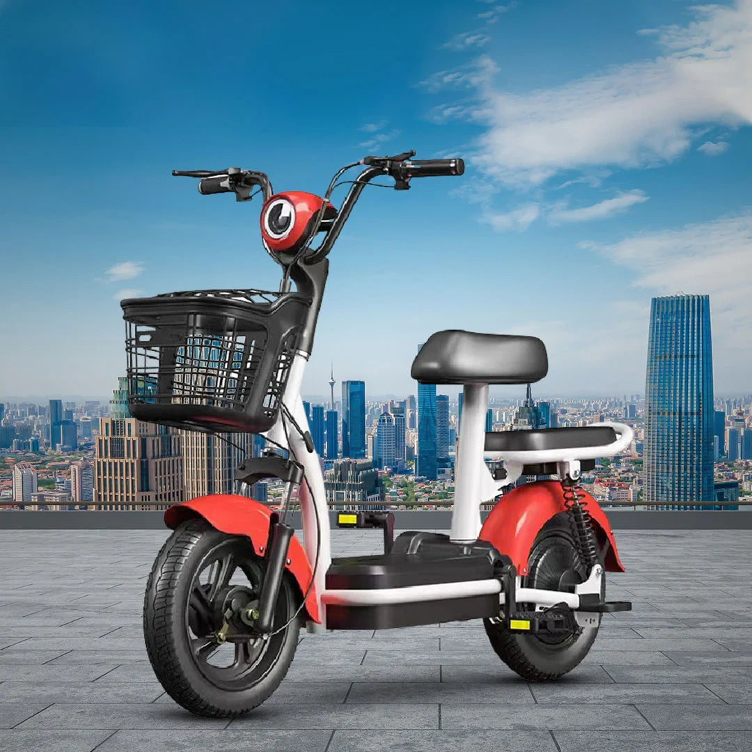 Electric scooter with a cityscape background