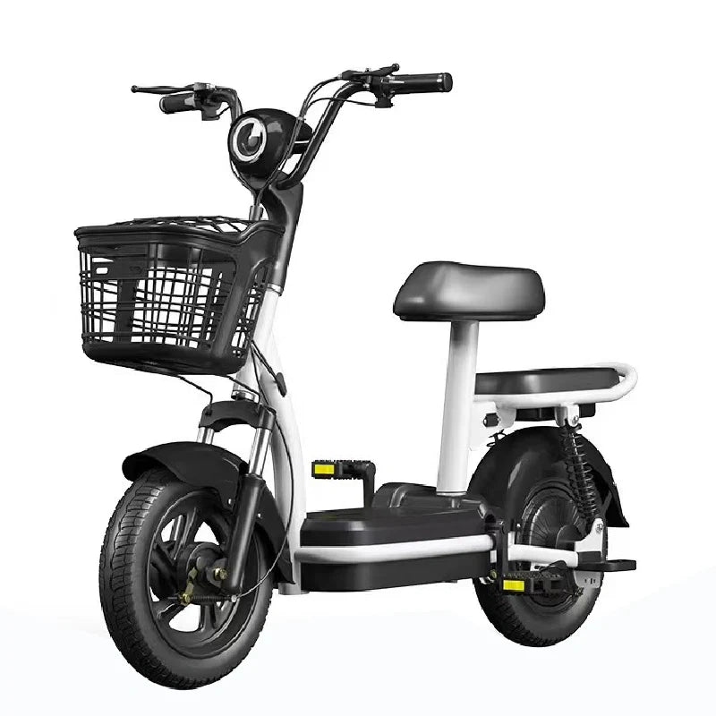 Electric bike with a black basket and seat on a white background