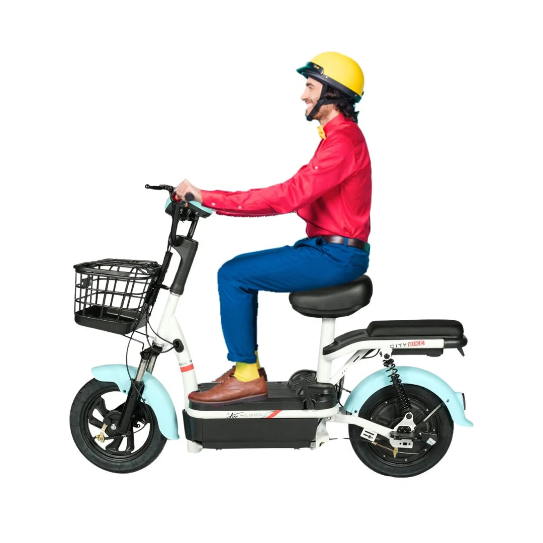 Person wearing a red jacket and blue pants sitting on an electric scooter with a basket on a white background
