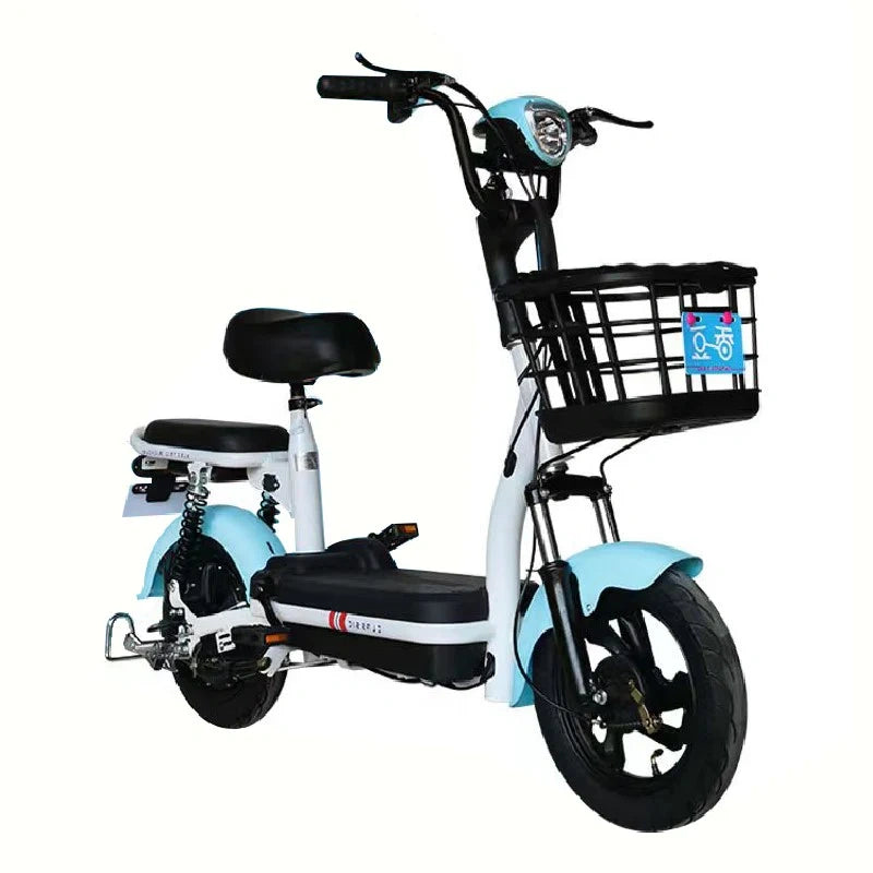 White electric bike with black seat and basket on a white background