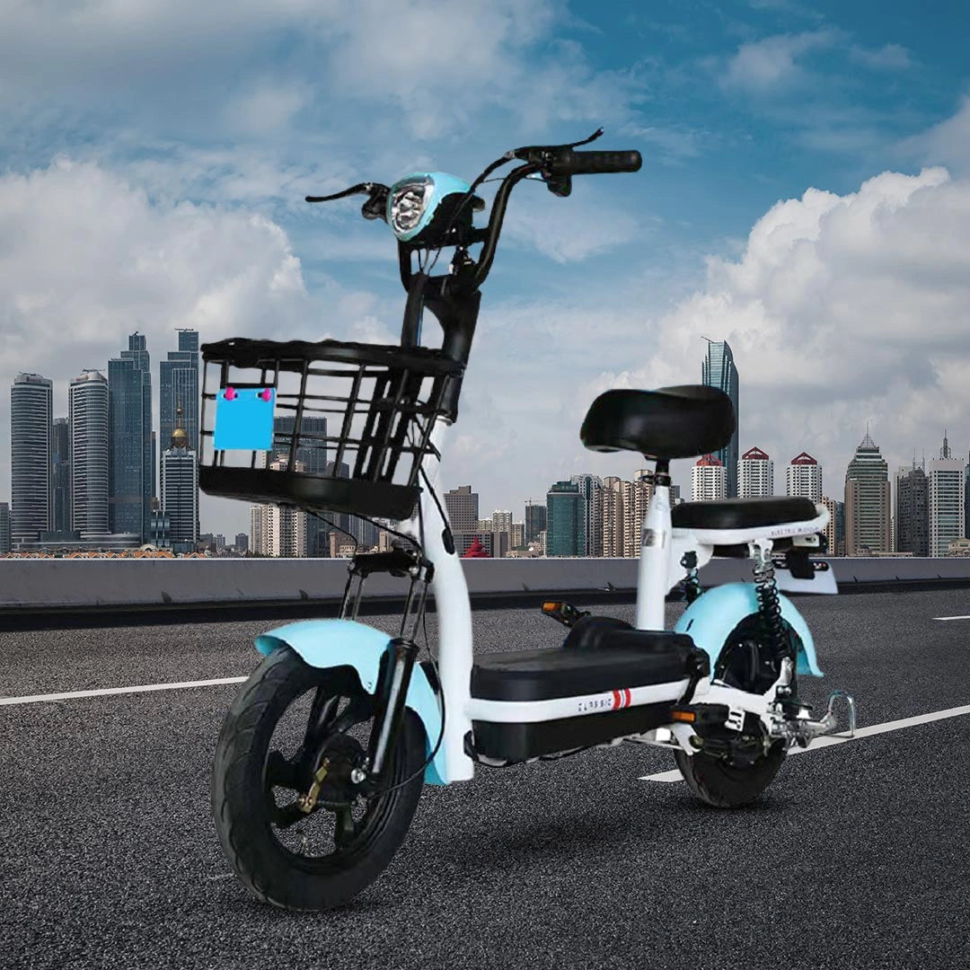 Electric bike with a city skyline in the background