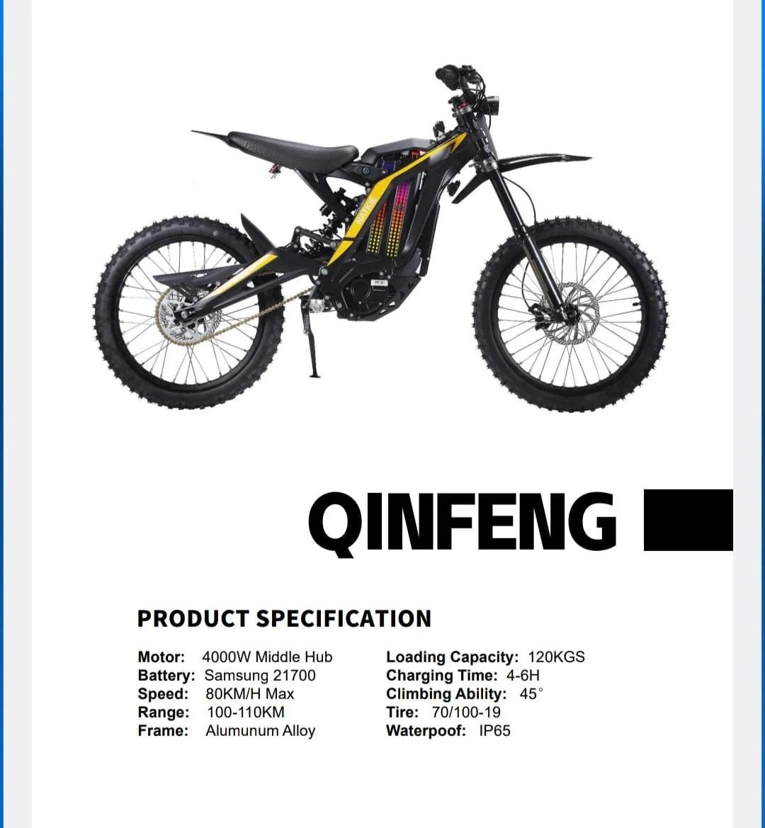Electric bike with QINFENG branding and specifications on a white background