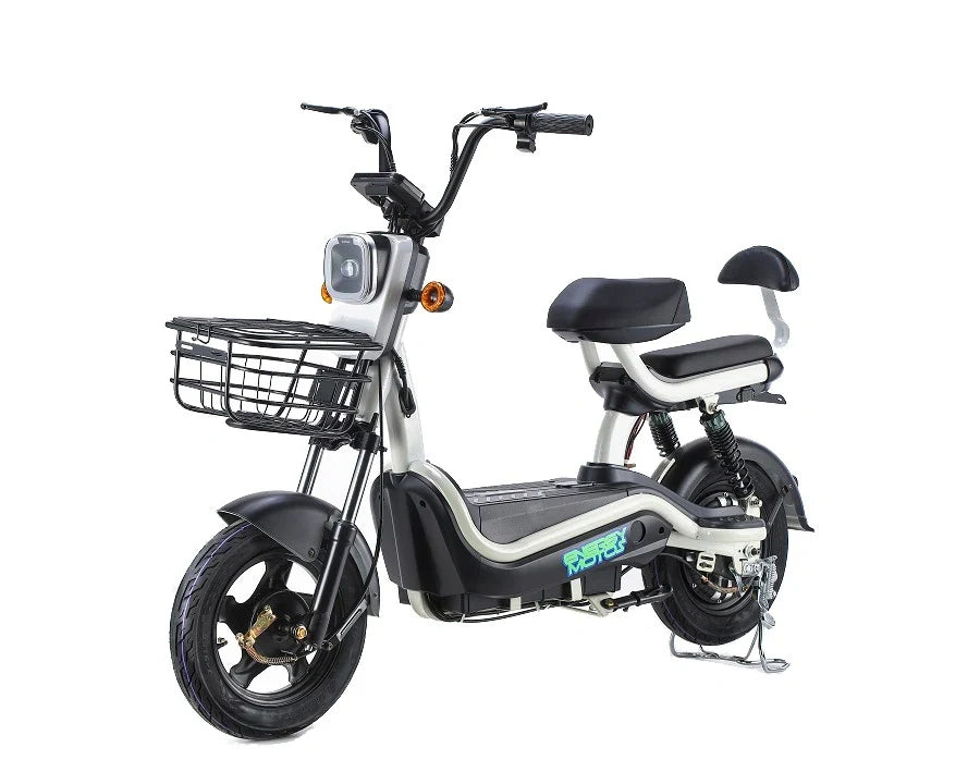 Electric scooter with a basket on a white background