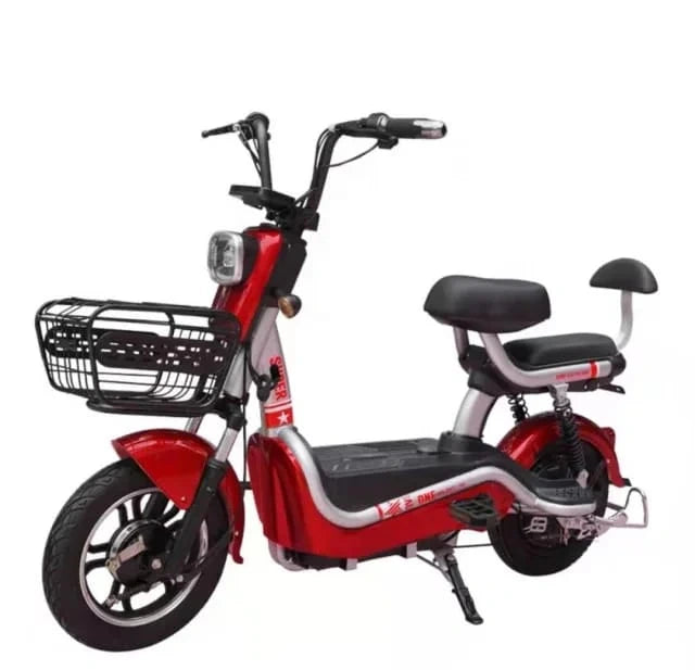 Red electric bike with a black seat and basket on a white background