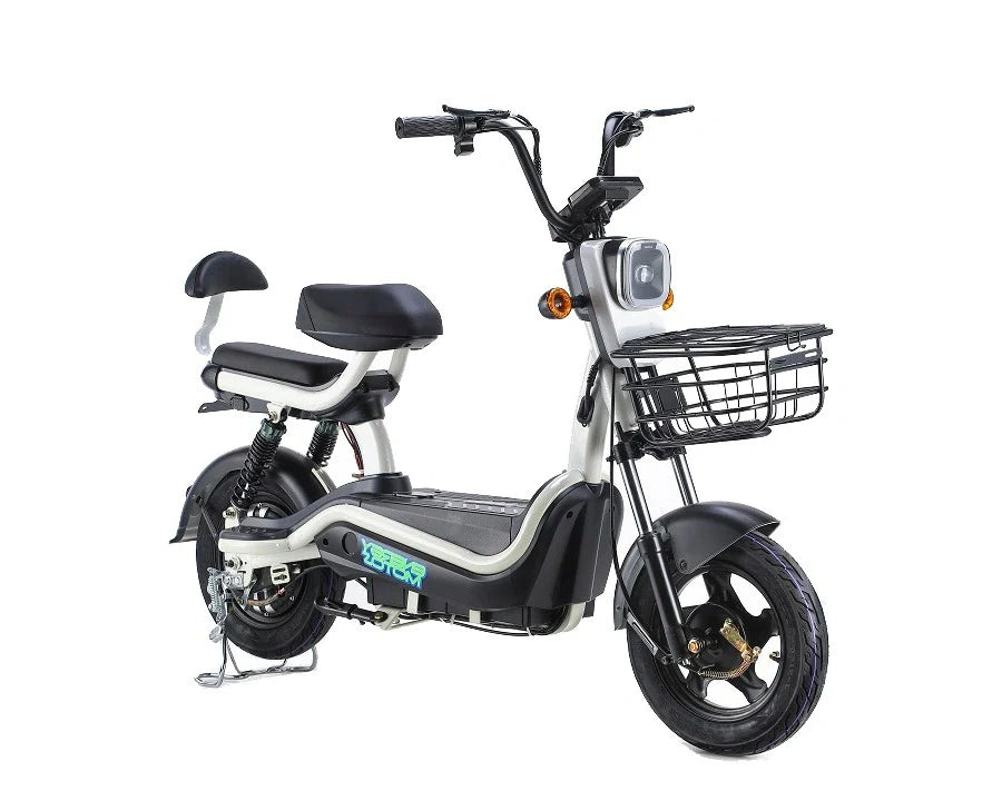 Electric bike with a basket on a white background