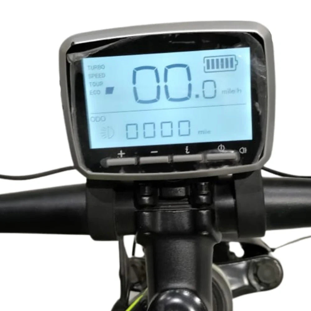 Digital display on a bicycle handlebar with blue screen and black frame.