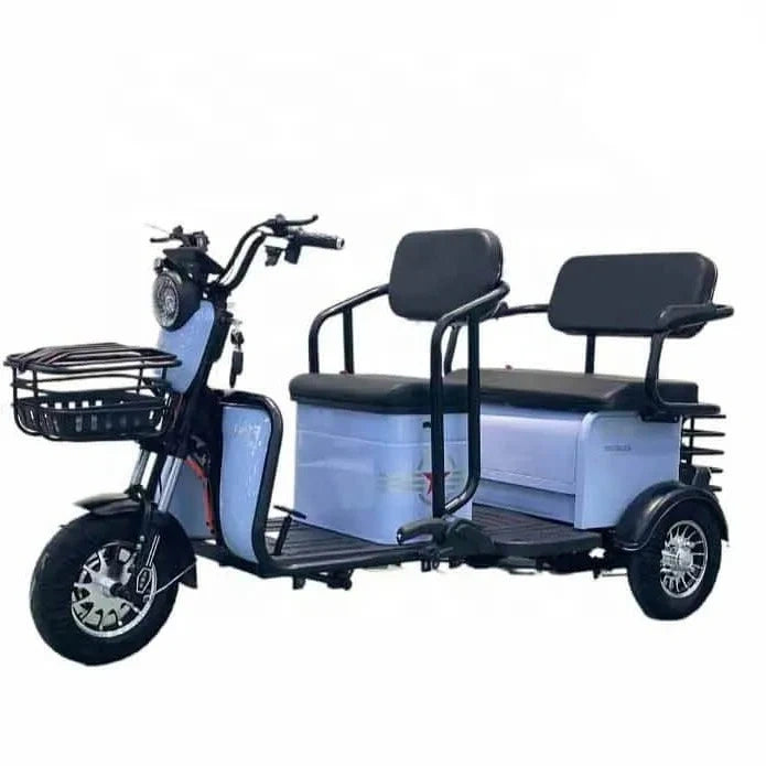 Three-wheeled electric vehicle with two seats on a white background