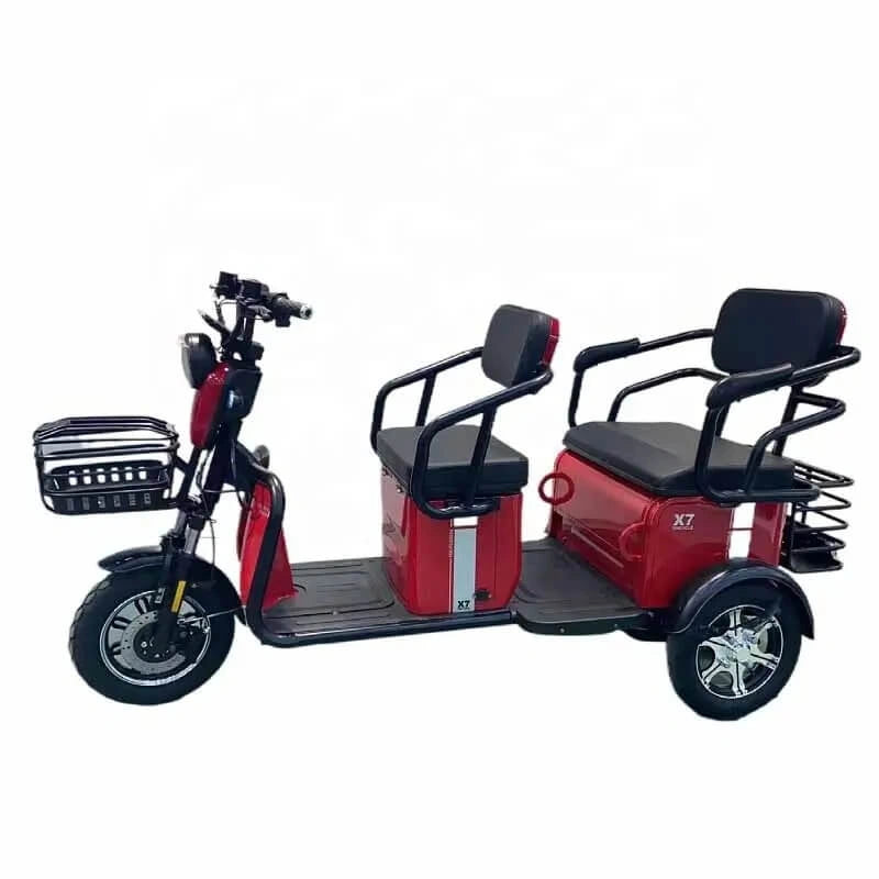 Red and black electric scooter with two seats on a white background