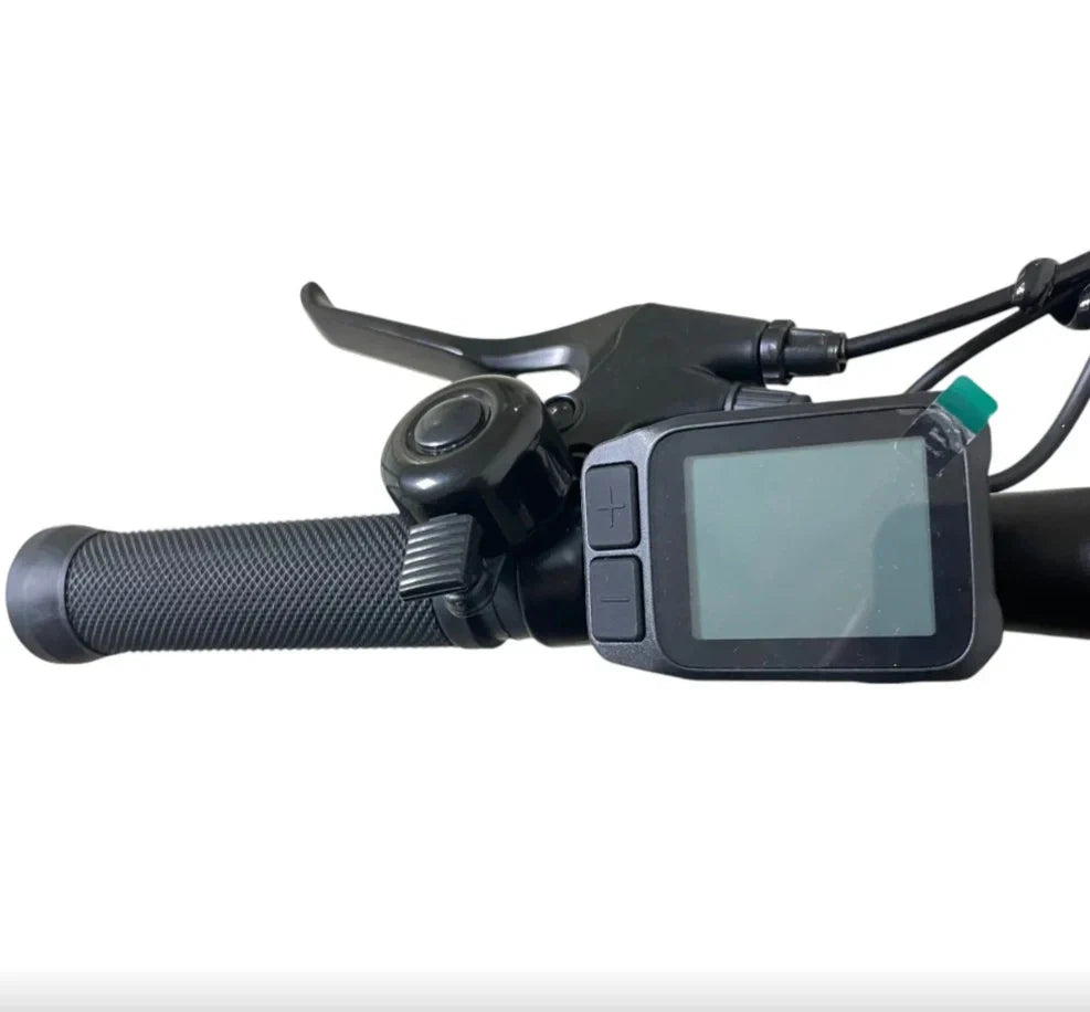 Close-up of a motorcycle handlebar with control panel and display on a white background