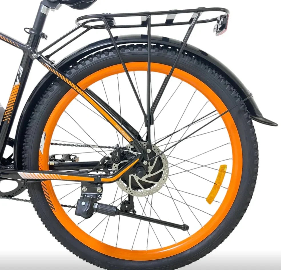 Close-up of a bicycle wheel with orange rim and black frame on a white background