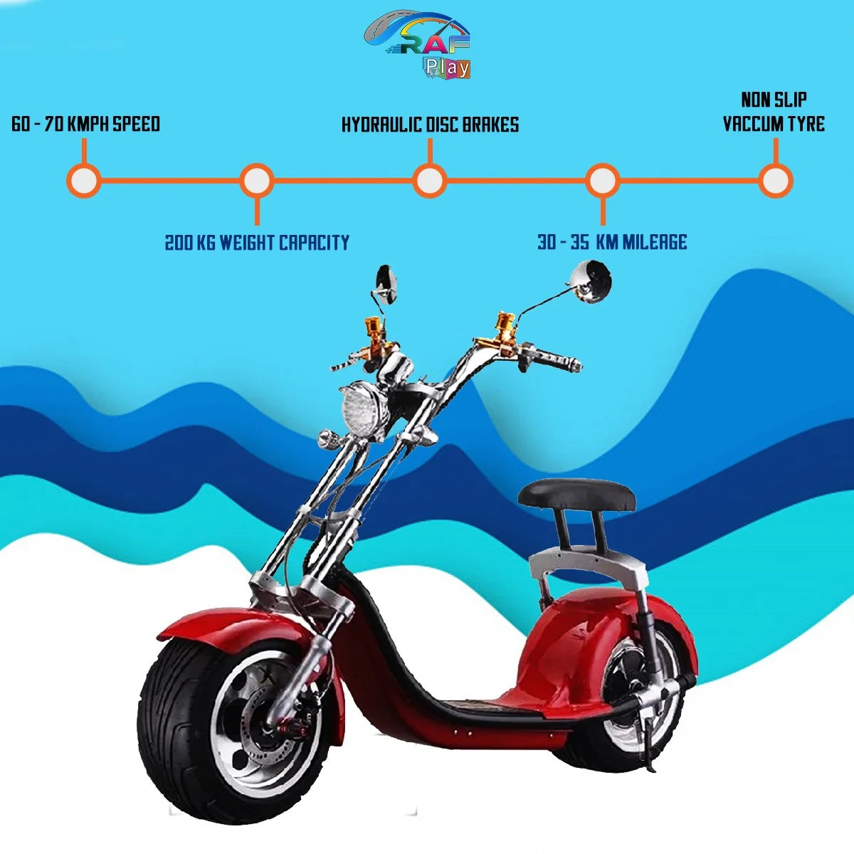 Red electric scooter with features listed on a blue and white wave background