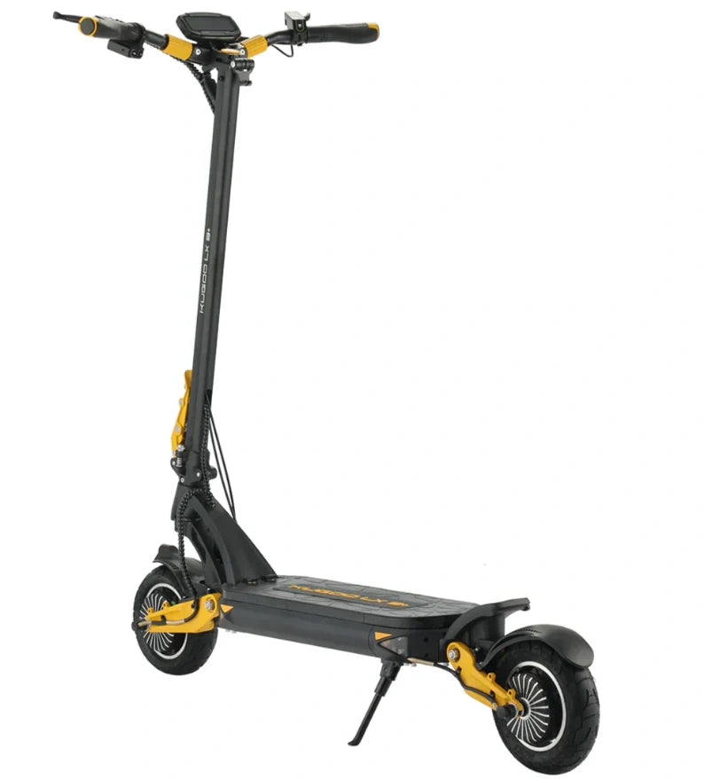 Black and yellow electric scooter on a white background