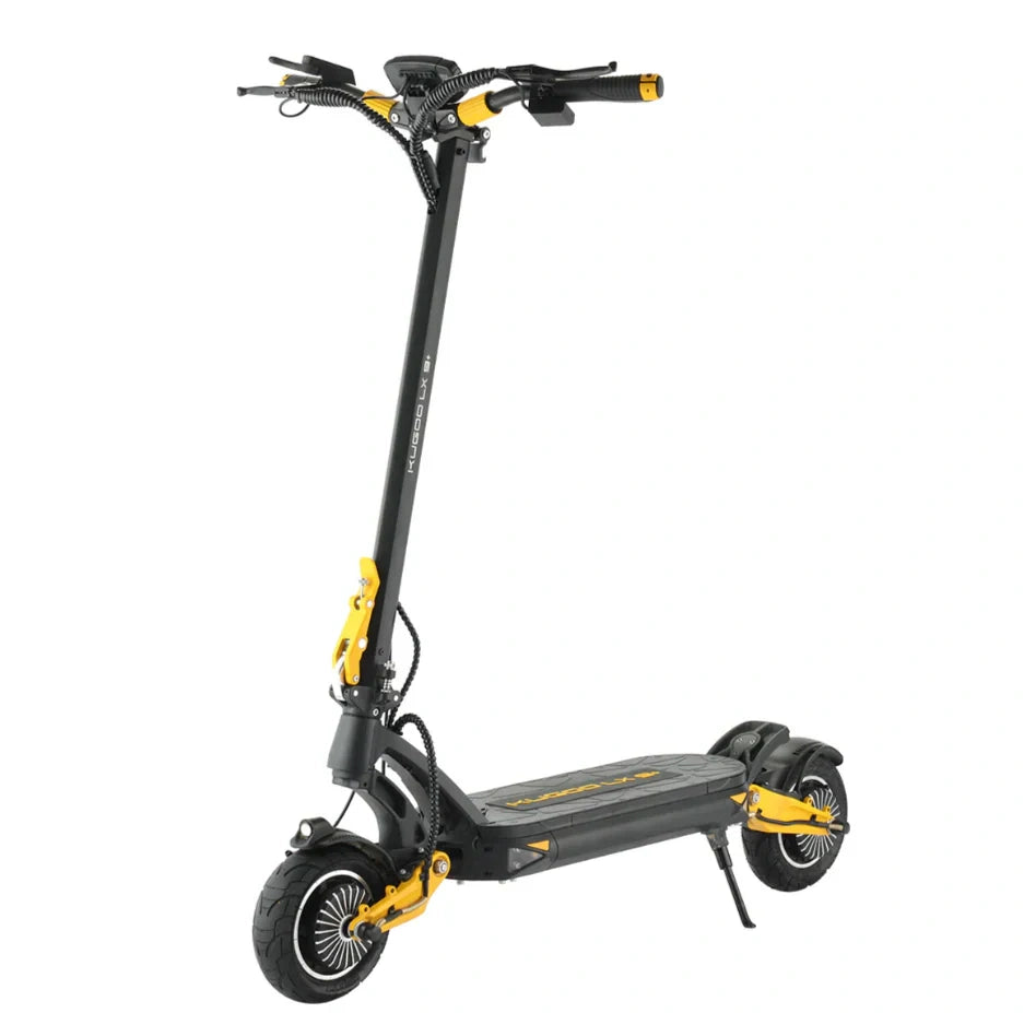 Black and yellow electric scooter on a white background