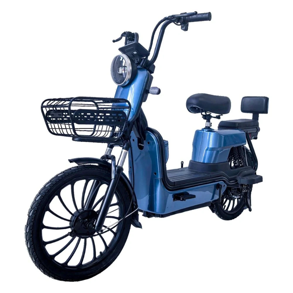 Blue electric bike with a black seat and basket on a white background