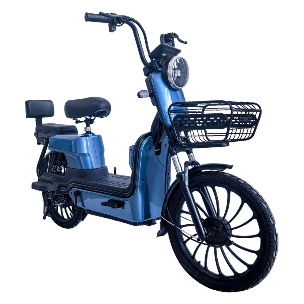 Blue electric bike with a basket on a white background