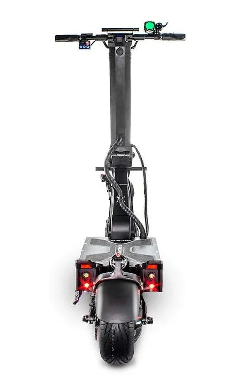 Back view of a scooter with visible components on a white background