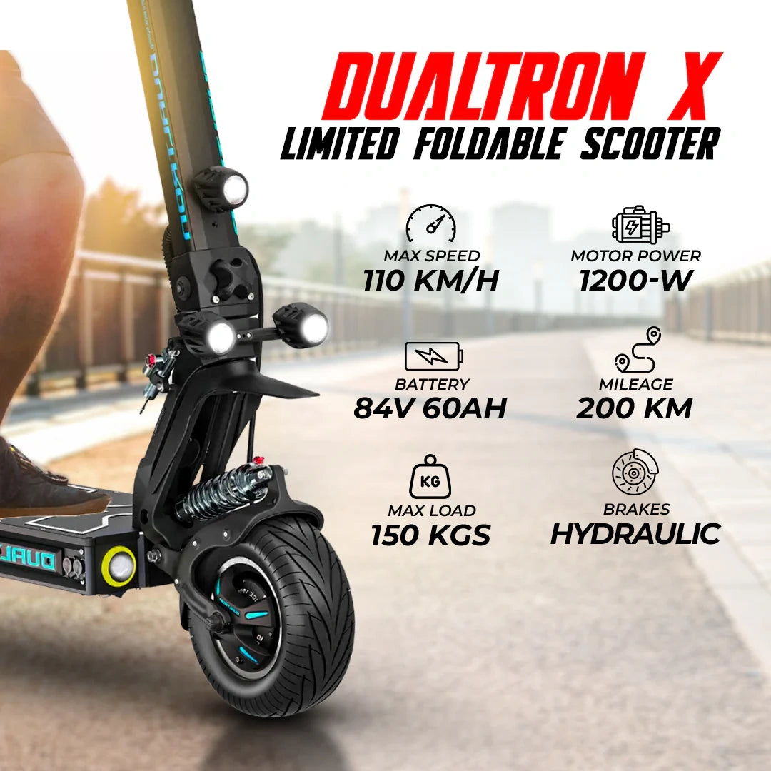 Dualtron X limited foldable scooter with specifications on a blurred background