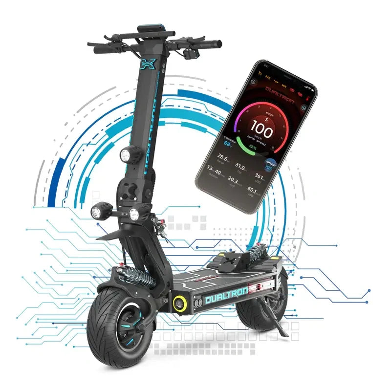 Electric scooter with smartphone displaying app interface on a white background