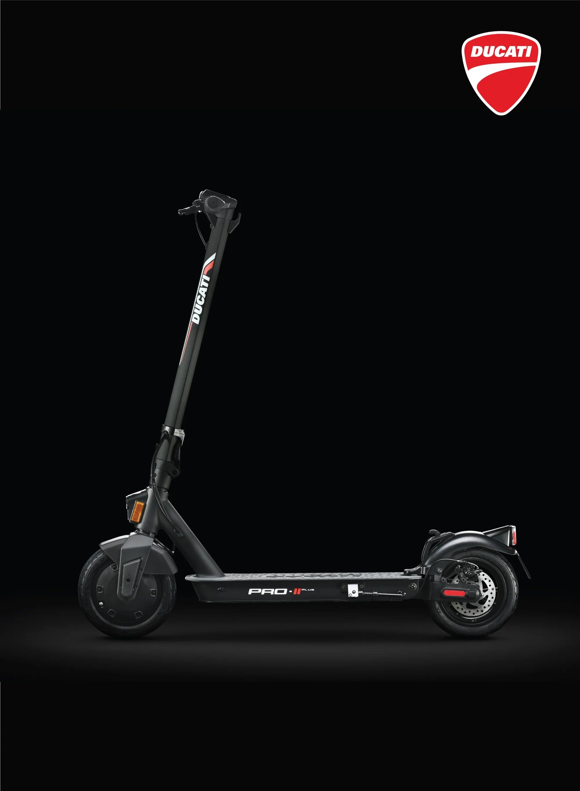 Black electric scooter with Ducati branding on a black background