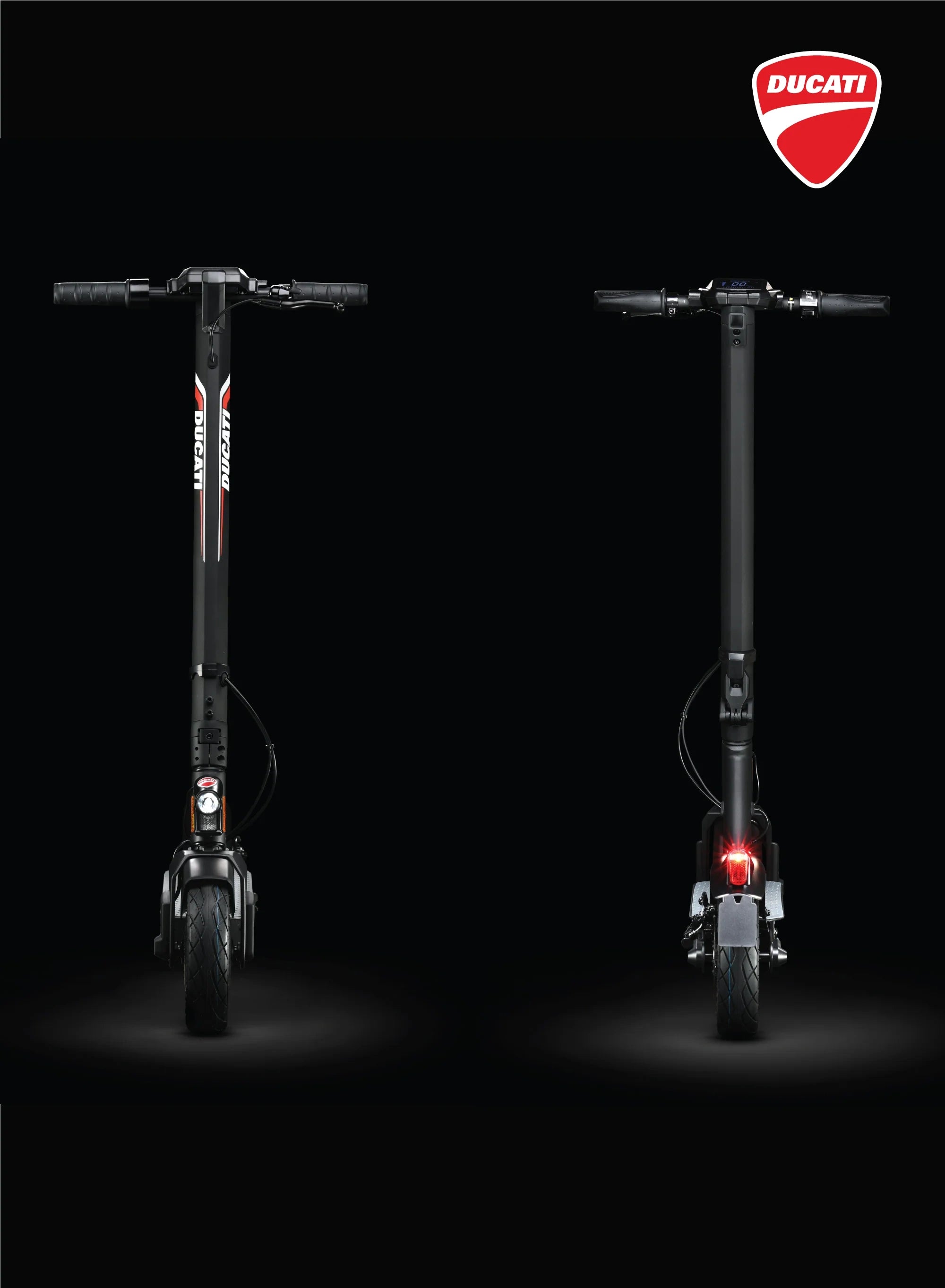 Two electric scooters with Ducati logo on a black background