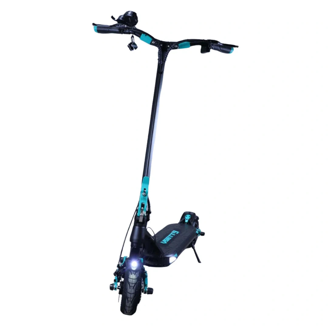 Black and blue electric scooter on a white background