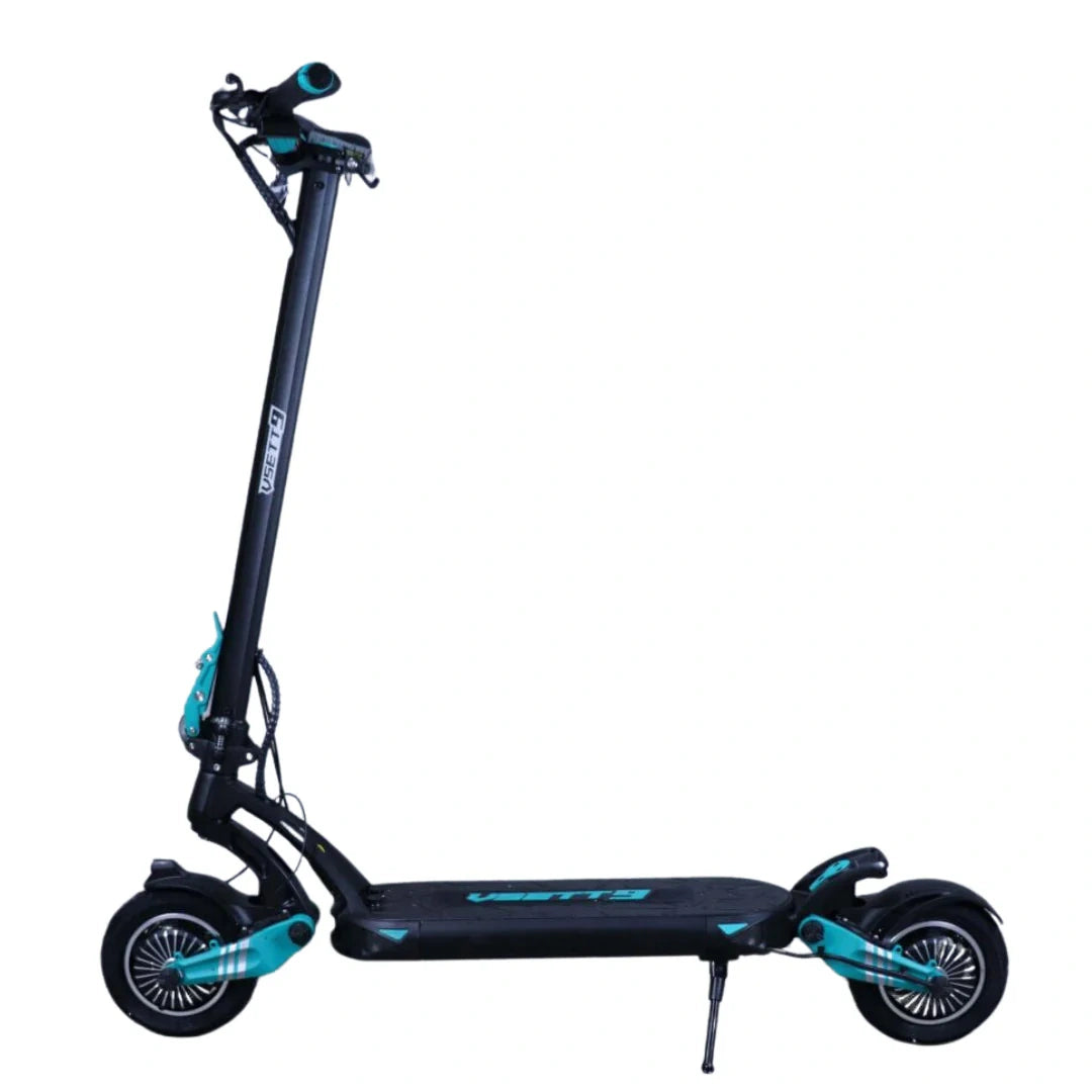 Black electric scooter with teal accents on a white background