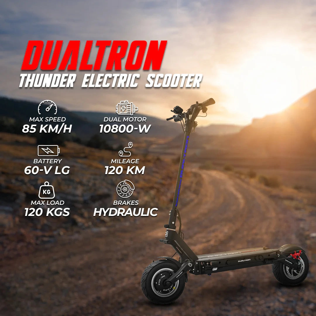 Dualtron Thunder electric scooter with specifications on a desert background