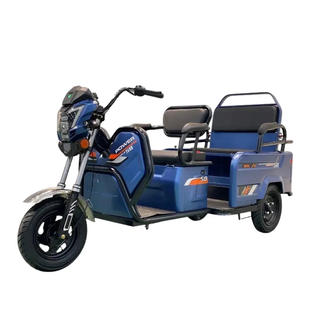 Blue electric tricycle with two seats on a white background