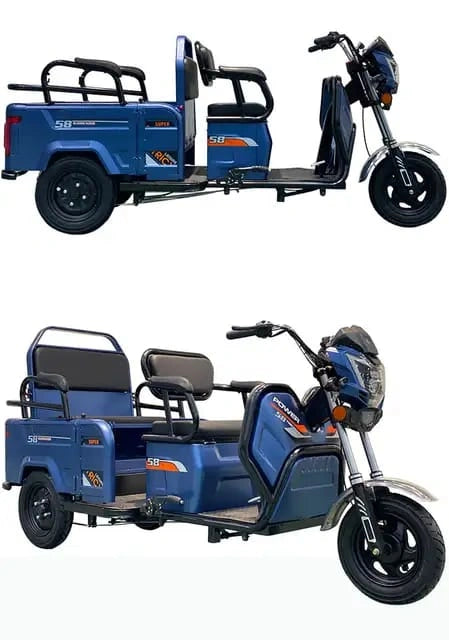 Blue electric tricycle with cargo bed on a white background