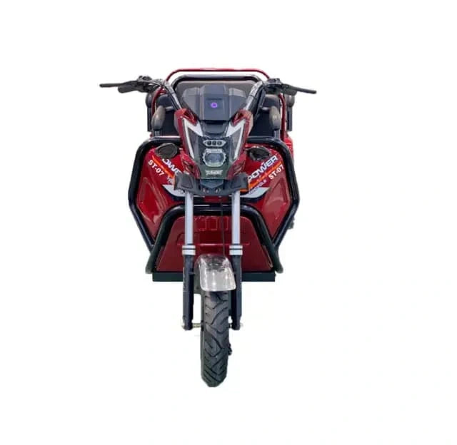 Red motorcycle with a black seat on a white background