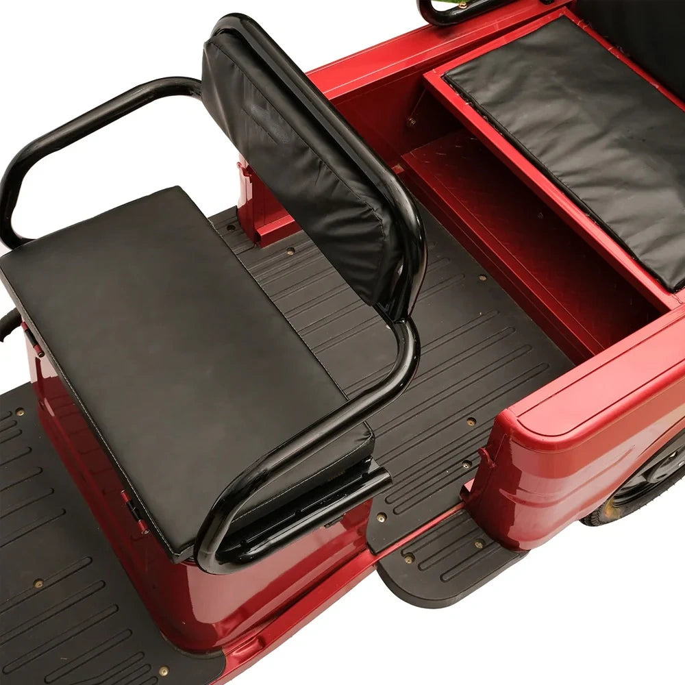 Close-up of a red vehicle seat with black seat covers on a white background