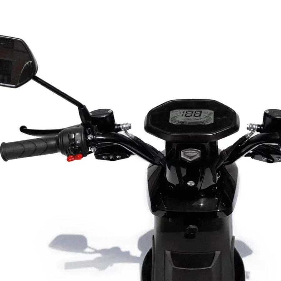 Close-up of a black motorcycle handlebar with controls and digital display on a white background