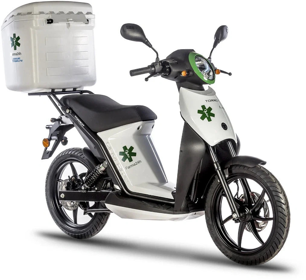 White scooter with black accents and a large white container on a white background