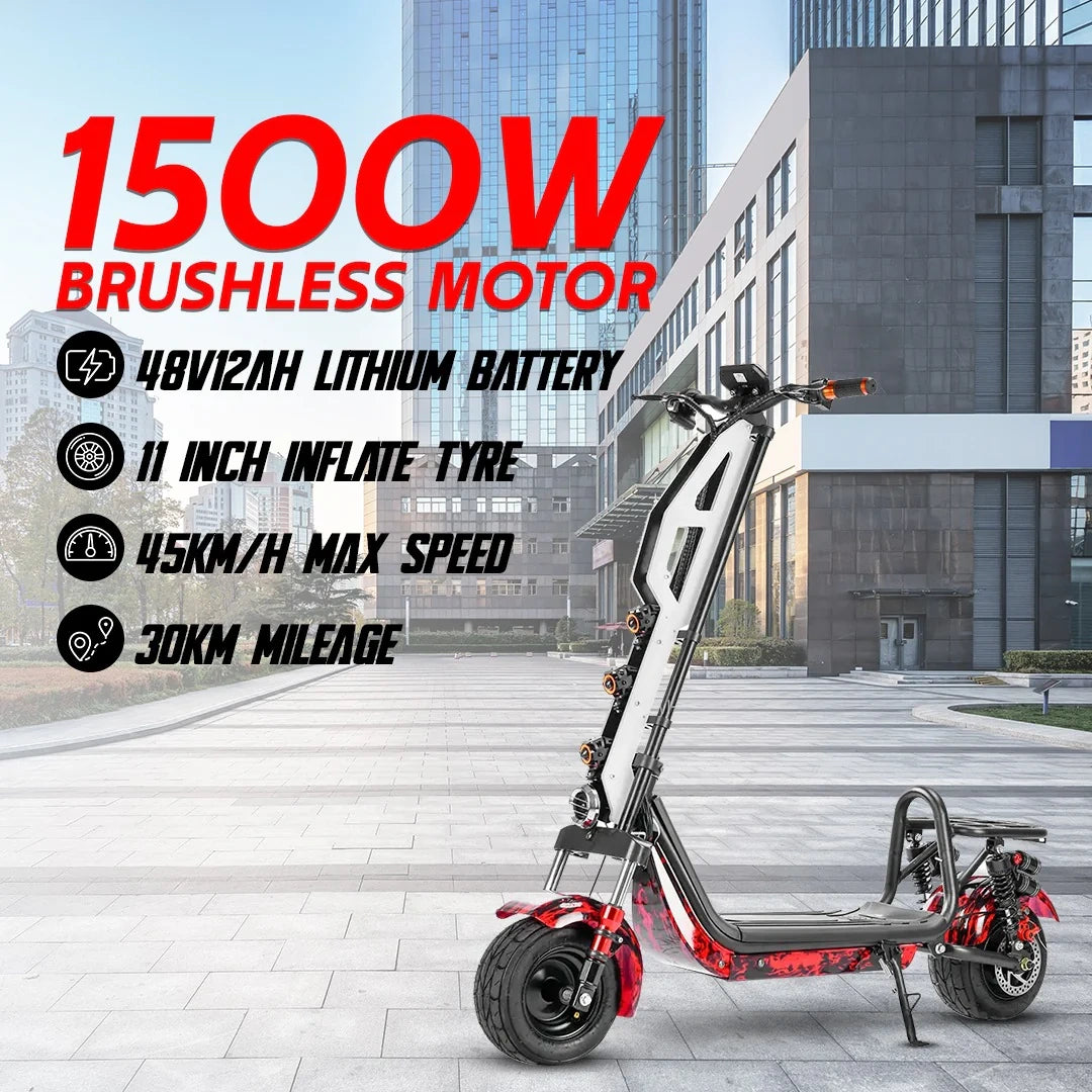 Electric scooter with specifications on a city street background
