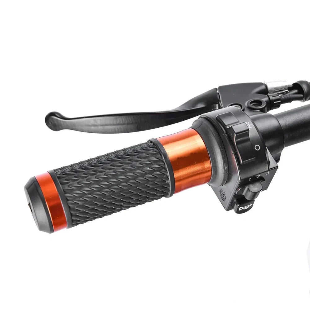 Close-up of motorcycle handlebar with black and orange grips on a white background