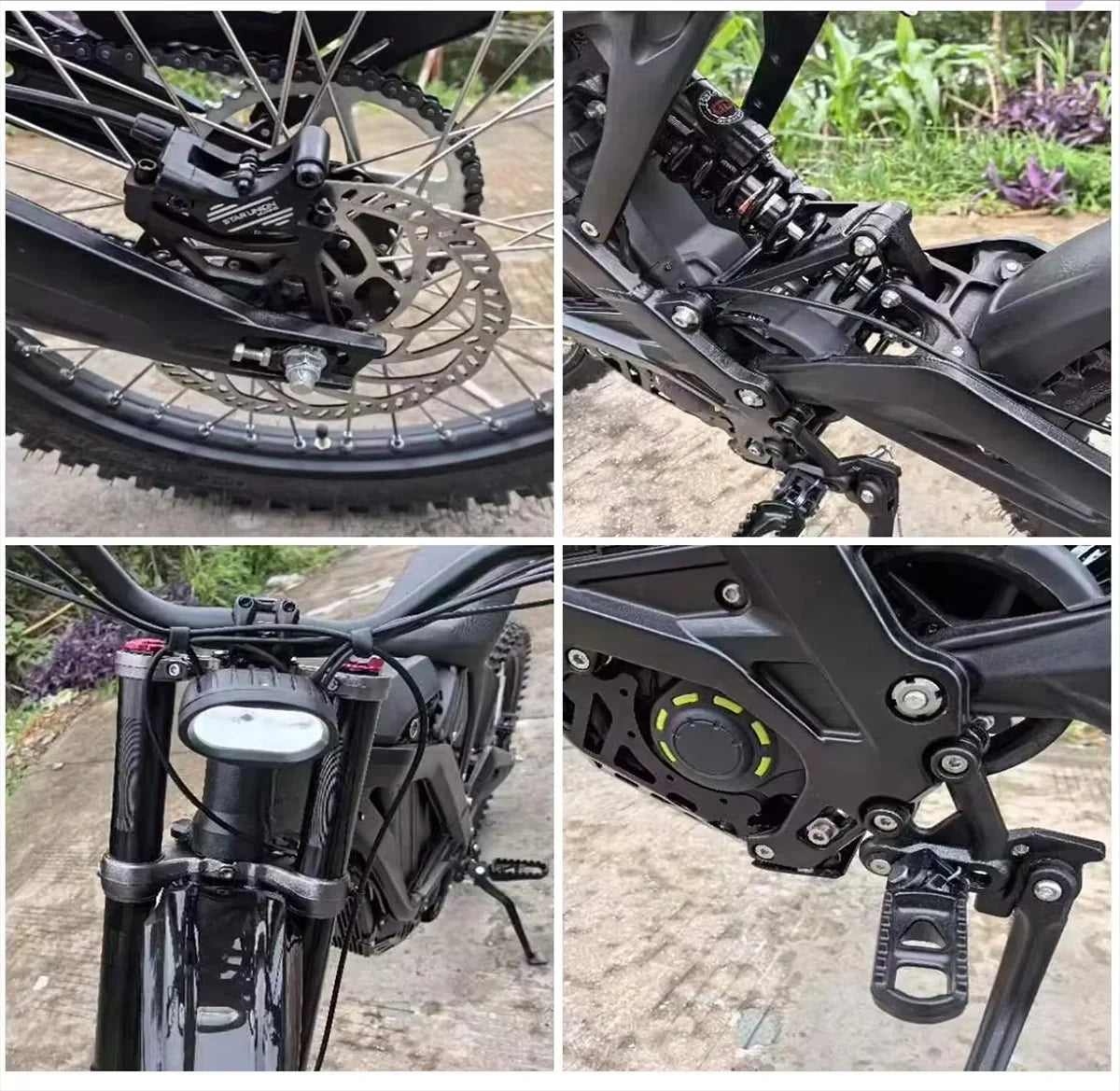 Collage of close-up details of a black electric bike on a natural background.